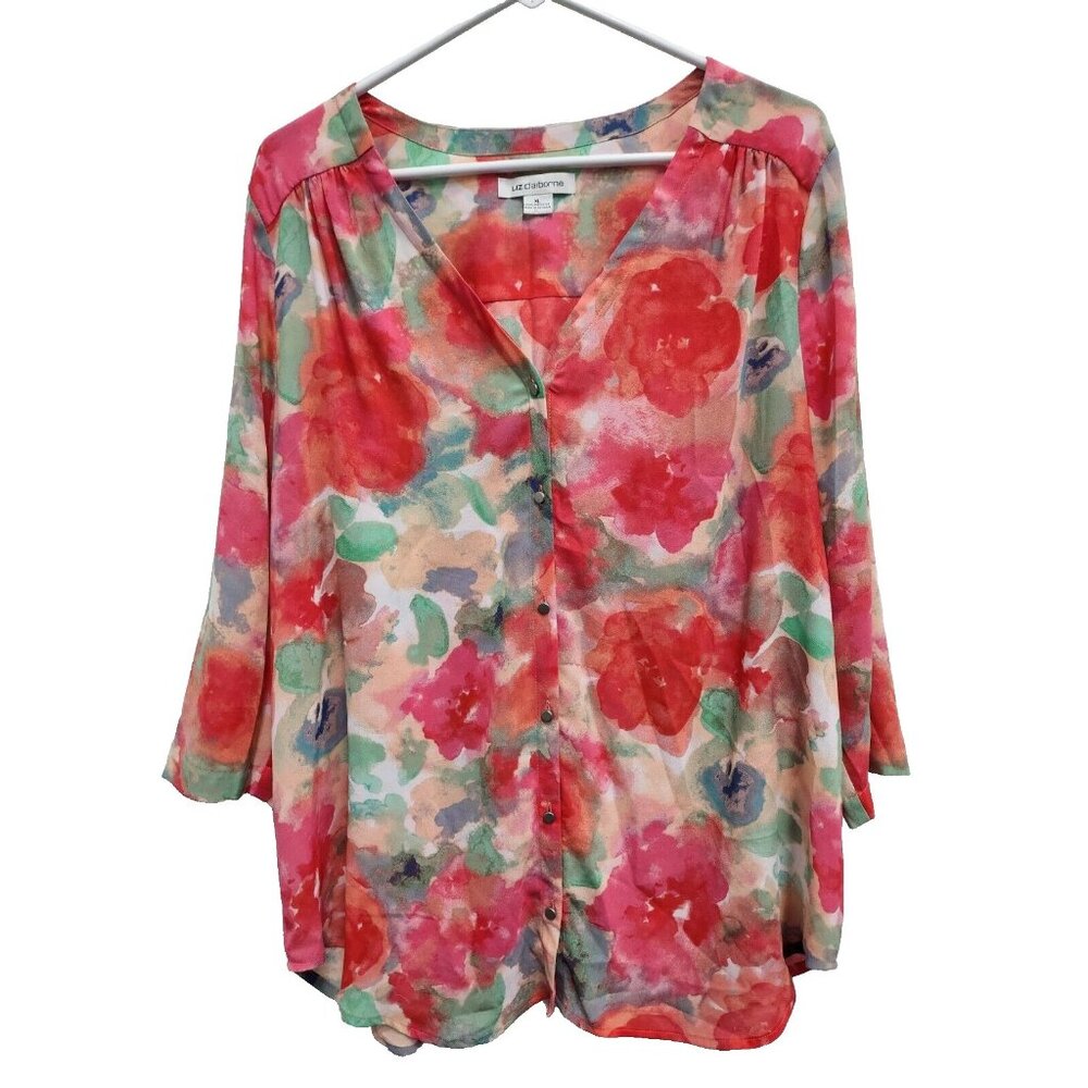 Liz Claiborne Womens Blouse Top XL Red Green Flora 3/4 Sleeve Carrier Office